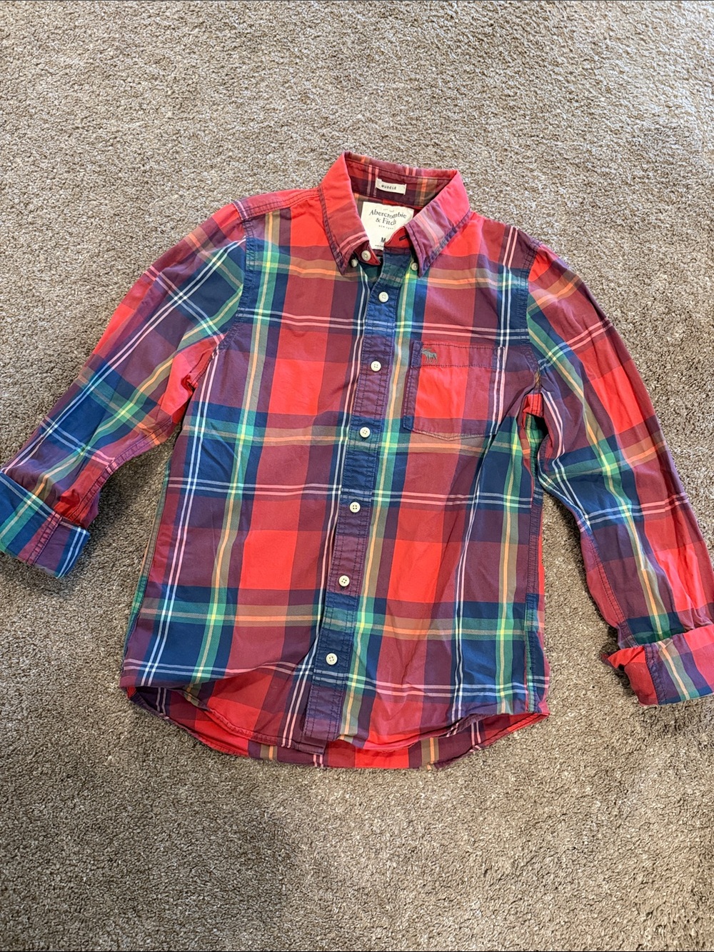 Abercrombie and Fitch Red and Blue Plaid Button-Down Shirt